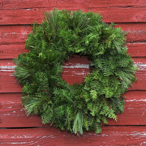 Jen's Mixed Greens Wreath w/ Red Dogwood Accents